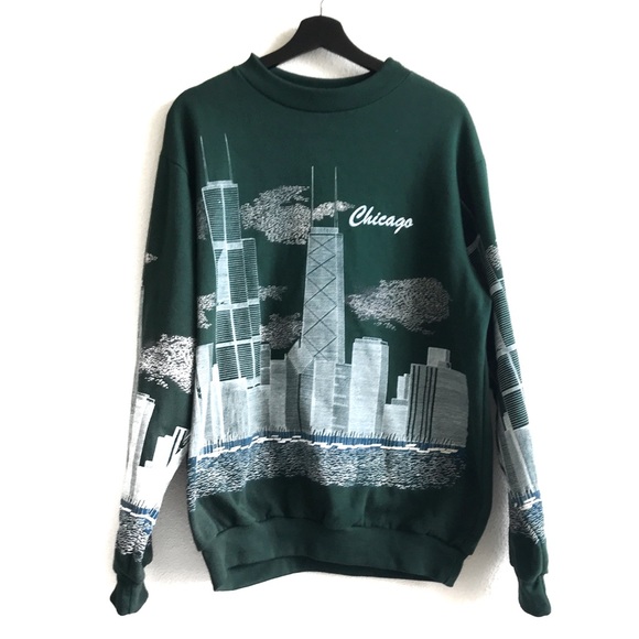 Other - Vintage 80’s Chicago Puff Paint Green Sweater XL